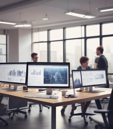 A team collaborating over laptops and documents in a bright modern office, symbolizing integrated business solutions.