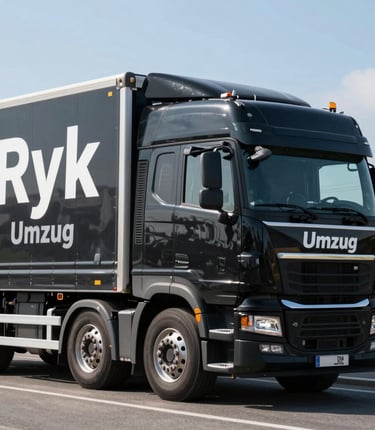 A sleek black moving truck with metallic gold accents parked in front of a modern home, ready for a premium move.