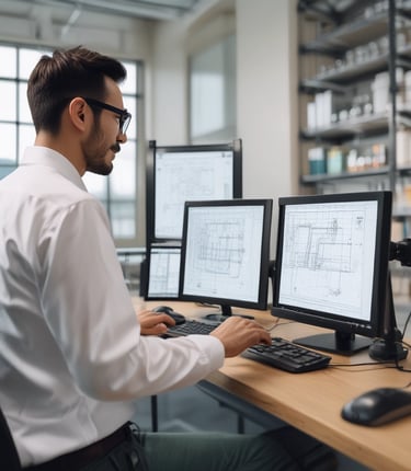 Engineer reviewing detailed water treatment plant layout drawings on a computer screen.