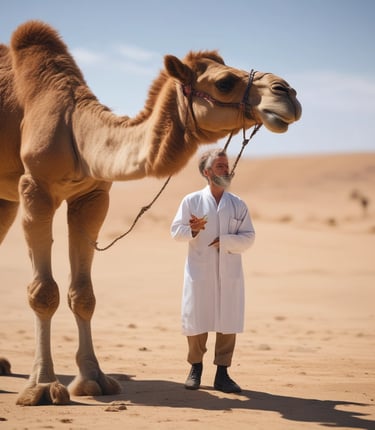 A veterinarian carefully examining a healthy camel in a sunny desert farm setting.
