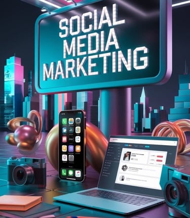 Social media marketing digital illustration with smartphone, laptop, camera.