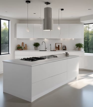 A bright, modern kitchen with custom cabinetry made by Ekru Mobilya.