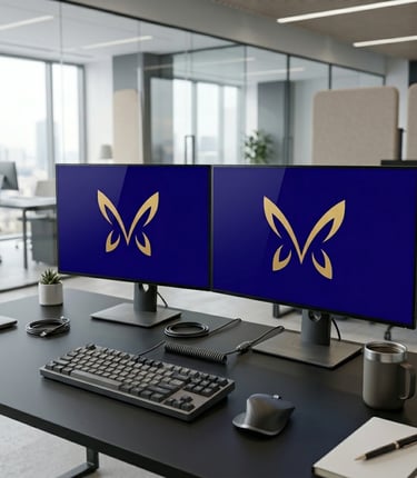 Dos monitores mostrando el logo de una agencia de marketing digital, enfocada en estrategia y trabajo digital. 