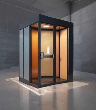 Professional security guards monitoring a corporate building entrance at dusk.