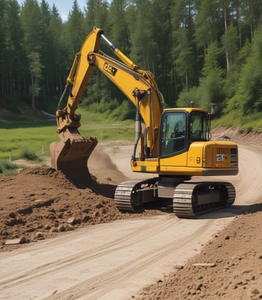 A heavy-duty excavator working on a rural construction site under a clear blue sky.