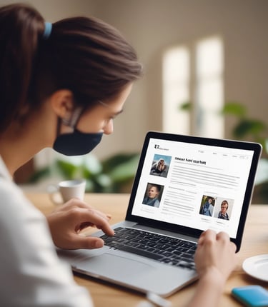A friendly web developer working on a laptop with blue and professional color tones in the background.