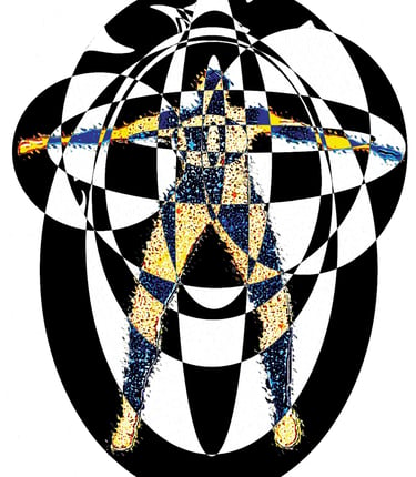 Pop art.social commentary of person being pulled in many directions by strong forces 