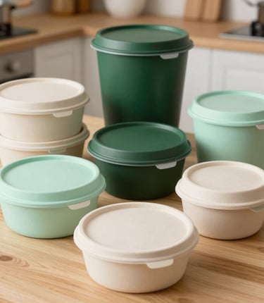 A clean, high-resolution product showcase of biodegradable round food boxes and heavy-duty delivery containers. Arranged beautifully on a light natural wood texture table, capturing details of secure lids and organic textures. Set in a contemporary, brightly-lit South Asian / Indian cloud kitchen context in Bihar. Color tones of light mint green, forest green, and soft off-white dominate the palette.