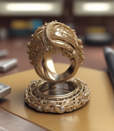 A skilled goldsmith delicately shaping a gold necklace under warm, soft lighting.