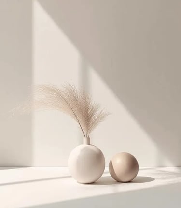 Minimalist home decor featuring pampas grass in a white ceramic vase with a stone sphere.