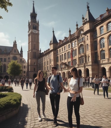 A vibrant image showcasing students studying in a European university setting.