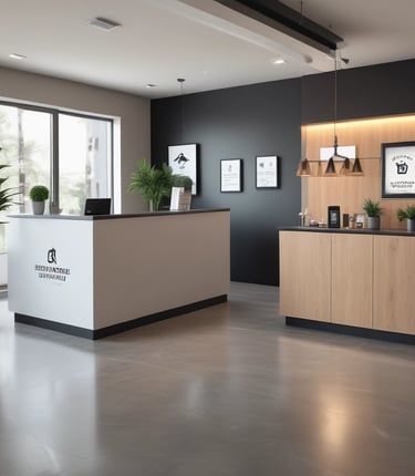 A friendly team collaborating over laptops in a bright, modern office space.