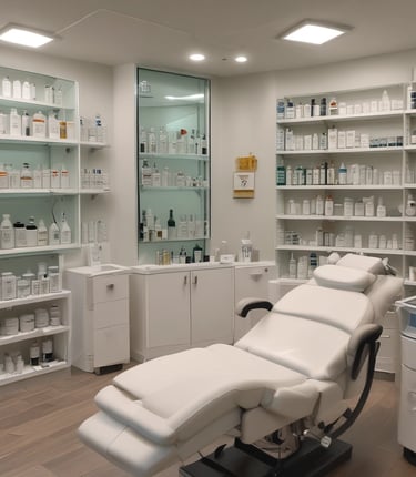 Elegant display of aesthetic supplies including derma fillers and uplifting threads arranged on a sleek white surface.