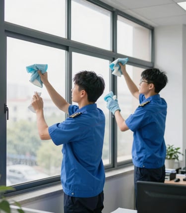 Two brothers in blue uniforms cleaning a large glass window in a modern office building with a bright, clear sky background