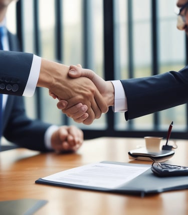 A friendly lawyer consulting a client over a laptop in a bright, modern office.