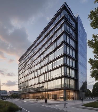 Modern office interior with dark blue and white decor, welcoming a high-end client.
