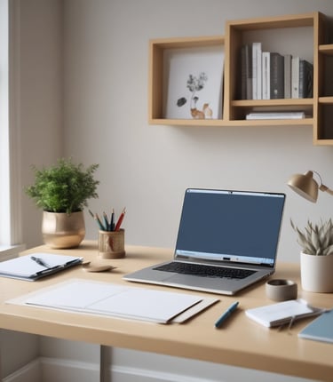 A cozy workspace with a laptop, planner, and coffee cup, bathed in soft natural light.
