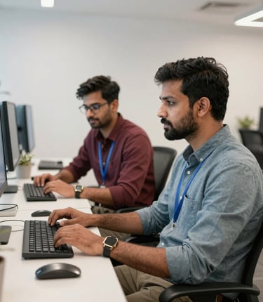 Team collaborating around a laptop in a modern office space with deep navy and slate gray accents.