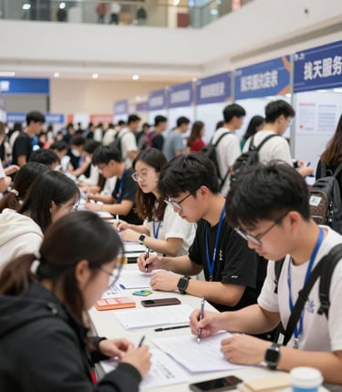 A busy shoe industry job fair with diverse professionals networking.