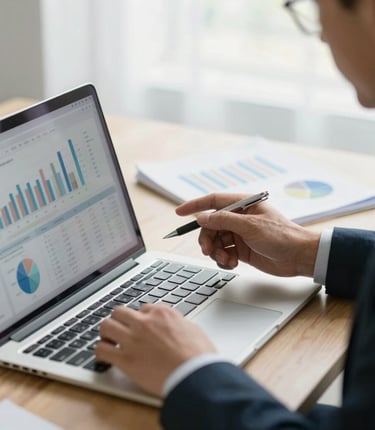 A professional consultant analyzing data on multiple screens in a dark, modern office setting.