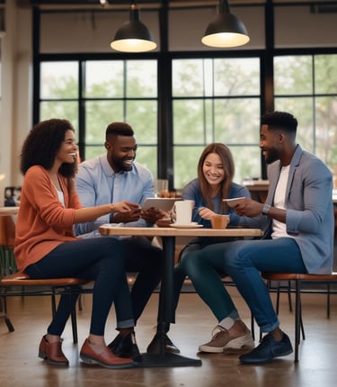 A diverse group of people reviewing property investment documents together in a bright, modern office.