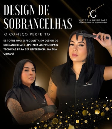 Curso de design de sobrancelhas com Victoria Guimarães ensinando técnicas de mapeamento facial.