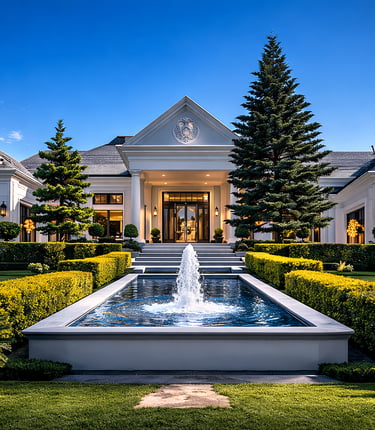Luxury white mansion with a modern water fountain, manicured hedges, and evening garden lighting.