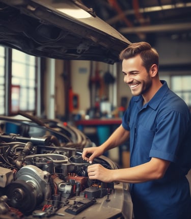 A mechanic working on a car engine in a bright, modern garage with tools 