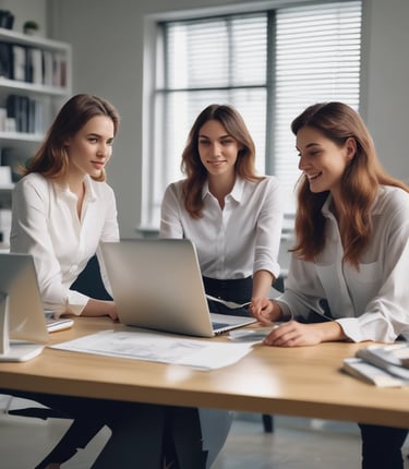 A confident business consultant discussing strategy with clients in a modern office.