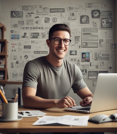 A vibrant workspace showing a team collaborating on social media campaigns with laptops and notes.
