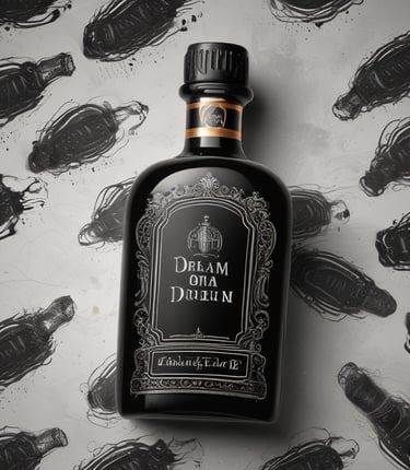 Vintage ink drawing of a bird on a tree branch inside a glass bottle with a cork stopper.