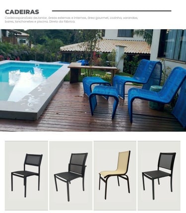 Móveis assentos: cadeira alto padrão feitas em alumínio, madeira, corda náutica, fibra sintética