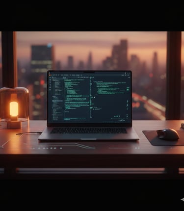 A laptop displaying code on a desk with a warm lamp and sunset city skyline view.