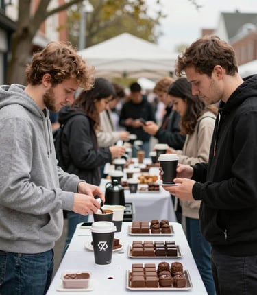 A lively outdoor festival scene with people tasting chocolate and coffee surrounded by lush greenery.
