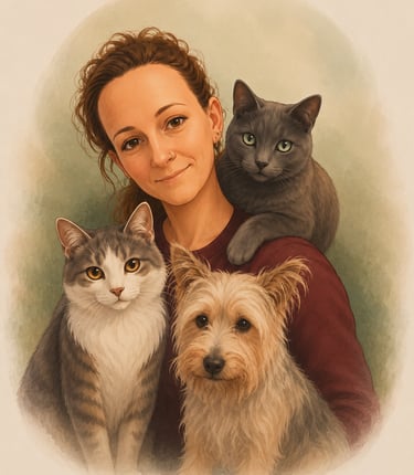 Watercolor illustration of a Eva with her two cats and a small terrier dog.