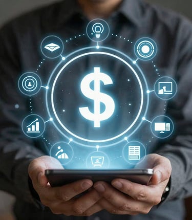 A futuristic office with neon lilac and navy blue lighting, showing a team collaborating on AI-driven projects.