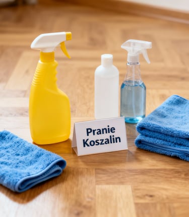 a cleaning supplies set up on a wooden floor