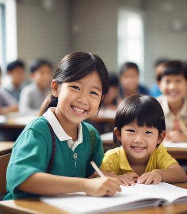 A bright, welcoming classroom with students engaged in learning, featuring green and gold accents.