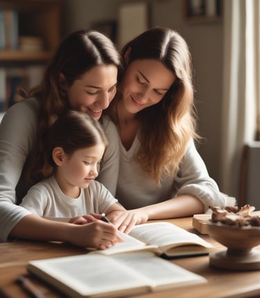 A cozy family reading together by a warm fireplace, surrounded by books.