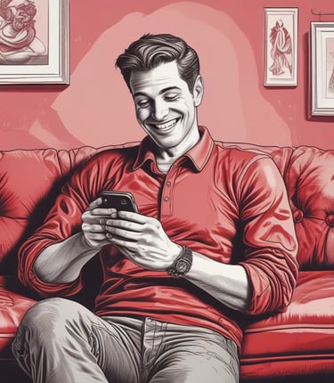 A happy person smiling while using a dating app on their phone in a cozy café.