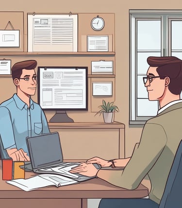 A friendly legal consultant discussing property documents with clients in a bright Mumbai office.