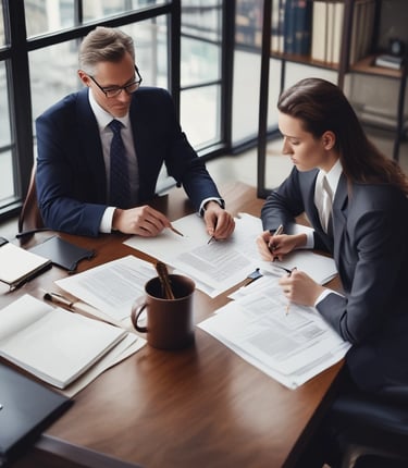 A professional group of lawyers in a modern office, discussing legal documents together.