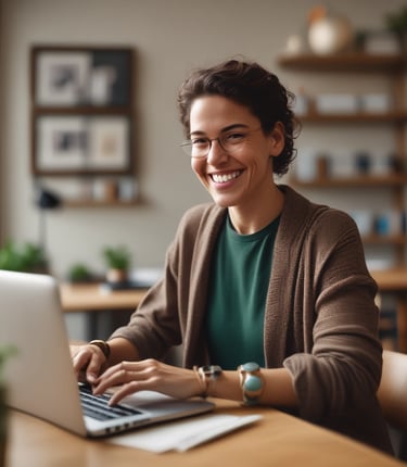 A friendly small business owner smiling while using a laptop in a bright, modern workspace.