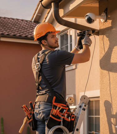 Técnico profesional instalando una cámara de seguridad en el exterior de una vivienda
