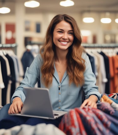 A cheerful family packing orders in a cozy home office filled with colorful clearance items.