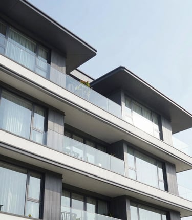 Crisp architectural photography of a modern villa facade with glass walls, bright natural daylight, Cibubur.