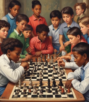 Children gathered around a chessboard, deeply focused during a lesson in a community center.