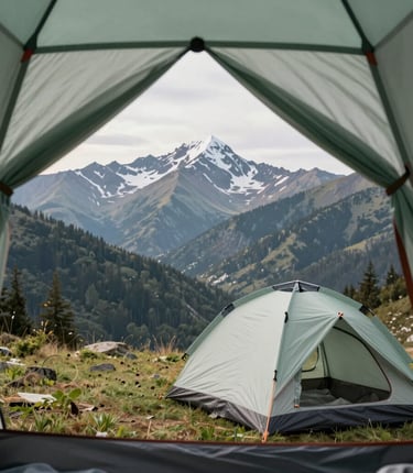 A cozy campsite at sunset with a tent, campfire, and forest backdrop.