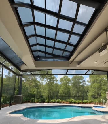 A swimming pool area featuring a blue pool cover rolled onto a metal frame at the edge of the pool. The deck is made of wooden planks, and there is a black fence with trees visible in the background. The area appears clean and well-maintained, with the cover neatly aligned along the pool's edge.