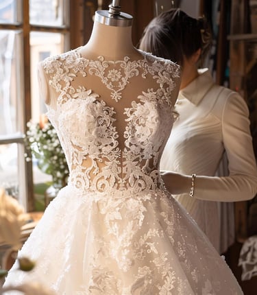 le couturier coud une robe de mariée en dentelle blanche la mariée regarde la robe